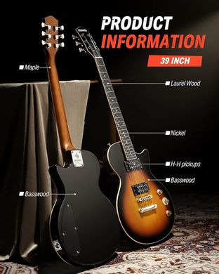 Donner Music DLP-124 Electric Guitar Sunburst EC1277, Коричневий