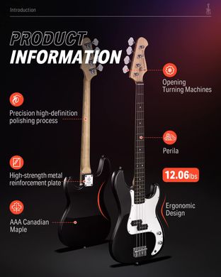 Donner Music DPB-510 Electric Bass Guitar Black, Черный