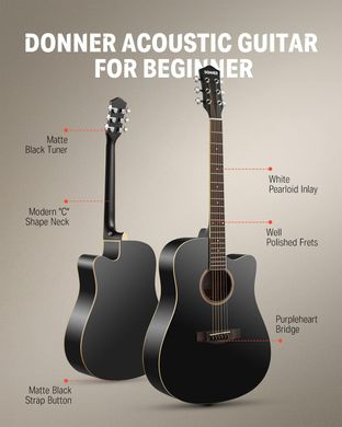 Donner Music Acoustic Guitar Cutaway Black EC1129, Черный