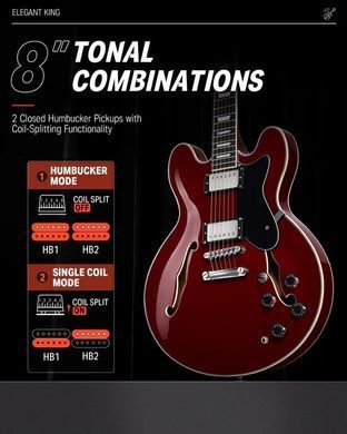 Donner Music DJP-1000 Semi-Hollow Electric Guitar Cherry - Гитарный набор, Красный